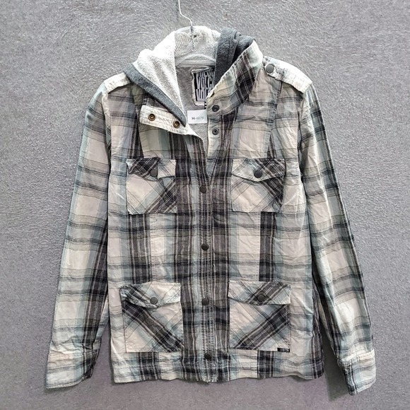 Volcom Women Jacket Medium Cream Plaid Flannel Shacket Hooded Snaps Fitted Y2K - Picture 1 of 8